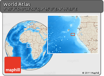 Shaded Relief Location Map of the Area around 0° 52' 31" S, 7° 43' 29" E