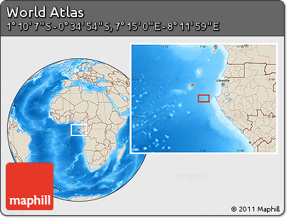 Shaded Relief Location Map of the Area around 0° 52' 31" S, 7° 43' 29" E