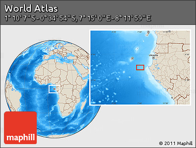 Shaded Relief Location Map of the Area around 0° 52' 31" S, 7° 43' 29" E