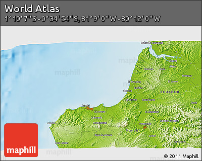 Physical 3D Map of the Area around 0° 52' 31" S, 80° 40' 30" W