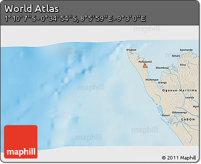 Shaded Relief 3D Map of the Area around 0° 52' 31" S, 8° 34' 29" E