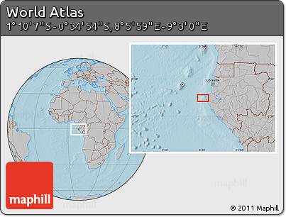 Gray Location Map of the Area around 0° 52' 31" S, 8° 34' 29" E, hill shading