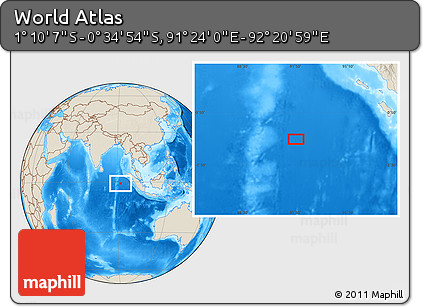 Shaded Relief Location Map of the Area around 0° 52' 31" S, 91° 52' 30" E