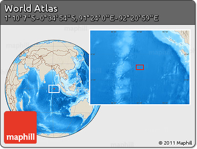 Shaded Relief Location Map of the Area around 0° 52' 31" S, 91° 52' 30" E