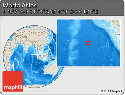 Shaded Relief Location Map of the Area around 0° 52' 31" S, 92° 43' 29" E
