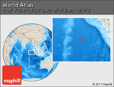 Shaded Relief Location Map of the Area around 0° 52' 31" S, 92° 43' 29" E