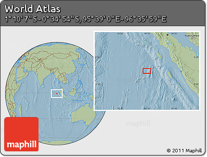 Savanna Style Location Map of the Area around 0° 52' 31" S, 96° 7' 30" E, hill shading