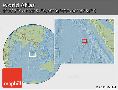 Savanna Style Location Map of the Area around 0° 52' 31" S, 96° 7' 30" E, hill shading