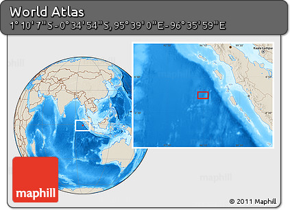 Shaded Relief Location Map of the Area around 0° 52' 31" S, 96° 7' 30" E