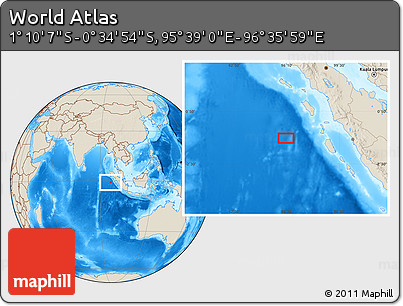 Shaded Relief Location Map of the Area around 0° 52' 31" S, 96° 7' 30" E