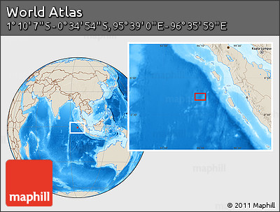 Shaded Relief Location Map of the Area around 0° 52' 31" S, 96° 7' 30" E