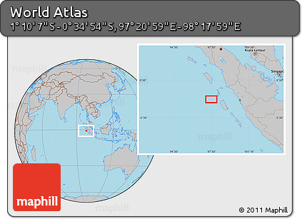 Gray Location Map of the Area around 0° 52' 31" S, 97° 49' 29" E