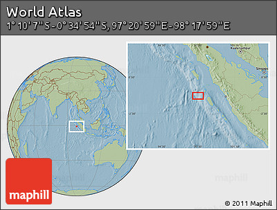 Savanna Style Location Map of the Area around 0° 52' 31" S, 97° 49' 29" E, hill shading
