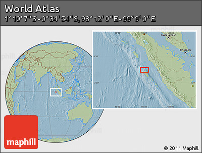 Savanna Style Location Map of the Area around 0° 52' 31" S, 98° 40' 30" E, hill shading