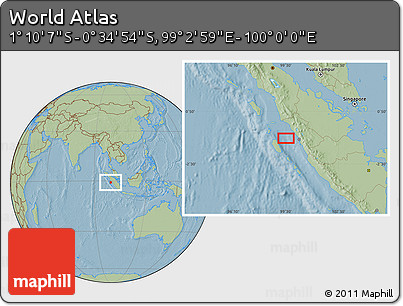 Savanna Style Location Map of the Area around 0° 52' 31" S, 99° 31' 30" E, hill shading