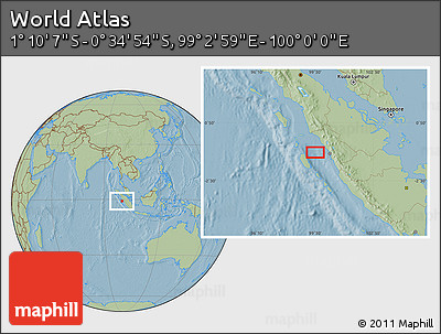 Savanna Style Location Map of the Area around 0° 52' 31" S, 99° 31' 30" E, hill shading