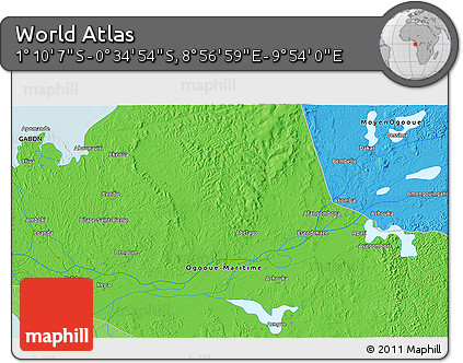 Political 3D Map of the Area around 0° 52' 31" S, 9° 25' 30" E