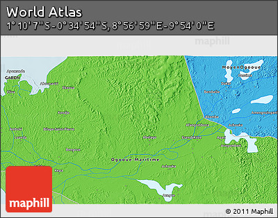 Political 3D Map of the Area around 0° 52' 31" S, 9° 25' 30" E