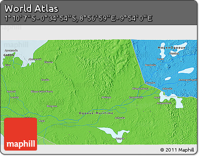 Political 3D Map of the Area around 0° 52' 31" S, 9° 25' 30" E