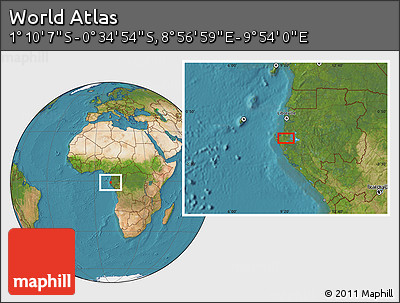 Satellite Location Map of the Area around 0° 52' 31" S, 9° 25' 30" E