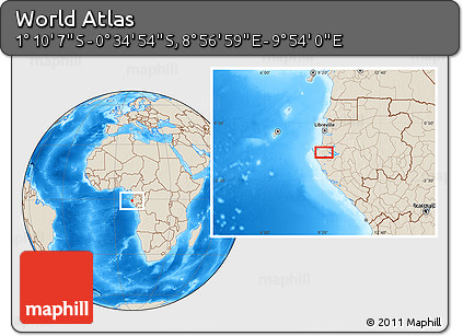 Shaded Relief Location Map of the Area around 0° 52' 31" S, 9° 25' 30" E