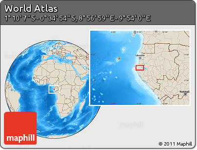 Shaded Relief Location Map of the Area around 0° 52' 31" S, 9° 25' 30" E