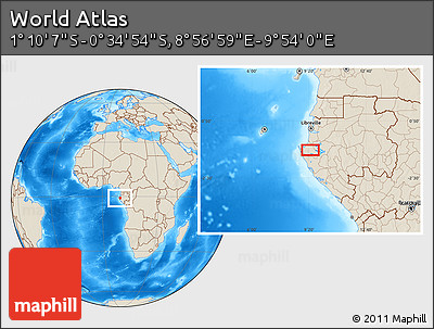 Shaded Relief Location Map of the Area around 0° 52' 31" S, 9° 25' 30" E