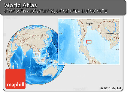 Shaded Relief Location Map of the Area around 10° 7' 21" N, 100° 22' 30" E