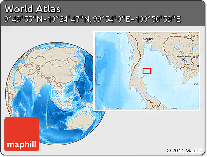 Shaded Relief Location Map of the Area around 10° 7' 21" N, 100° 22' 30" E