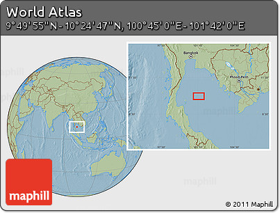 Savanna Style Location Map of the Area around 10° 7' 21" N, 101° 13' 29" E, hill shading