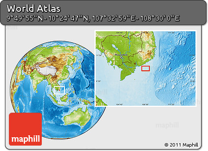 Physical Location Map of the Area around 10° 7' 21" N, 108° 1' 30" E