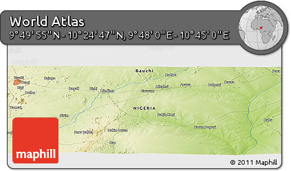 Physical Panoramic Map of the Area around 10° 7' 21" N, 10° 16' 30" E