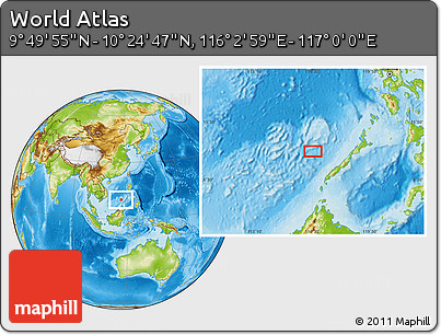 Physical Location Map of the Area around 10° 7' 21" N, 116° 31' 30" E