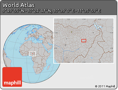 Gray Location Map of the Area around 10° 7' 21" N, 11° 7' 30" E