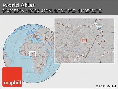 Gray Location Map of the Area around 10° 7' 21" N, 11° 7' 30" E, hill shading