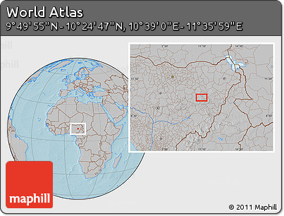 Gray Location Map of the Area around 10° 7' 21" N, 11° 7' 30" E, hill shading