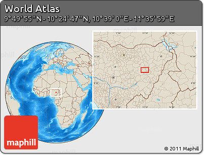 Shaded Relief Location Map of the Area around 10° 7' 21" N, 11° 7' 30" E