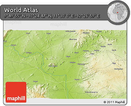 Physical 3D Map of the Area around 10° 7' 21" N, 11° 58' 29" E