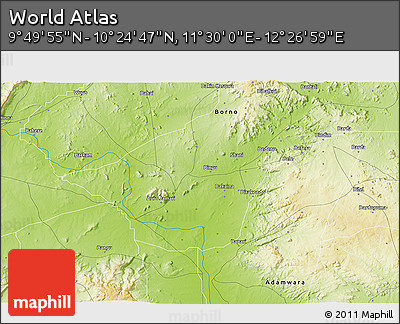 Physical 3D Map of the Area around 10° 7' 21" N, 11° 58' 29" E