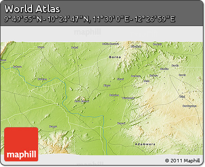 Physical 3D Map of the Area around 10° 7' 21" N, 11° 58' 29" E
