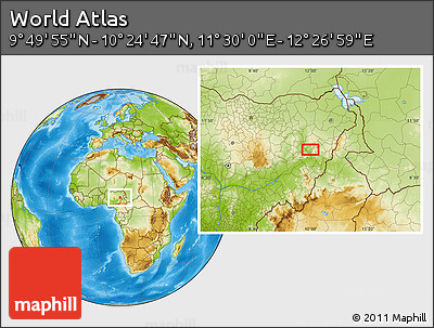 Physical Location Map of the Area around 10° 7' 21" N, 11° 58' 29" E