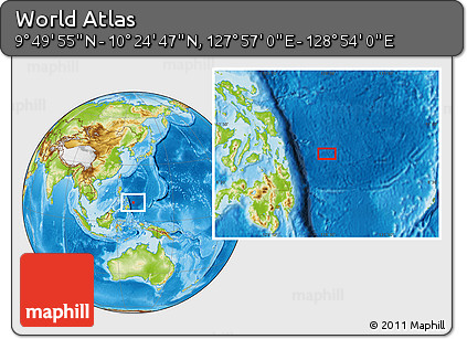 Physical Location Map of the Area around 10° 7' 21" N, 128° 25' 30" E