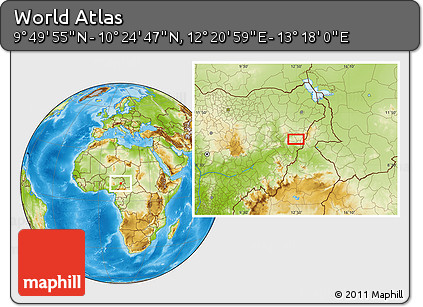Physical Location Map of the Area around 10° 7' 21" N, 12° 49' 29" E