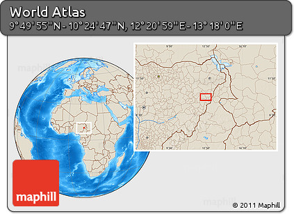 Shaded Relief Location Map of the Area around 10° 7' 21" N, 12° 49' 29" E