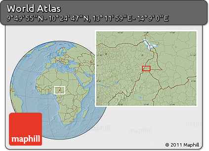 Savanna Style Location Map of the Area around 10° 7' 21" N, 13° 40' 30" E, hill shading