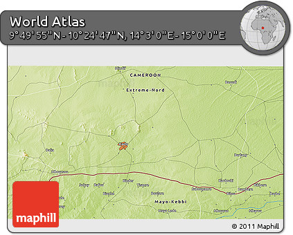 Physical 3D Map of the Area around 10° 7' 21" N, 14° 31' 30" E