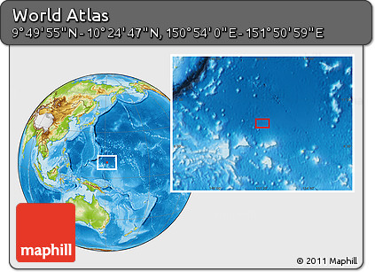 Physical Location Map of the Area around 10° 7' 21" N, 151° 22' 30" E