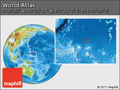 Physical Location Map of the Area around 10° 7' 21" N, 151° 22' 30" E