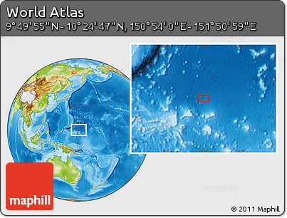 Physical Location Map of the Area around 10° 7' 21" N, 151° 22' 30" E