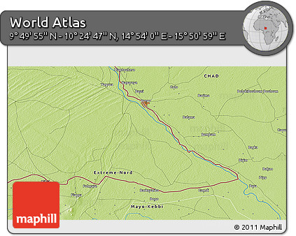 Physical 3D Map of the Area around 10° 7' 21" N, 15° 22' 30" E